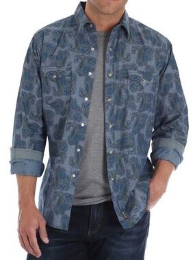 Wrangler Men’s Retro Premium Paisley Denim Western Cowboy Snap Shirt Blue XL